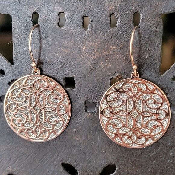 NEW Rose Gold Over Sterling Ornate Flourish Sparkle Round Dangle Drop Earrings - Picture 1 of 7